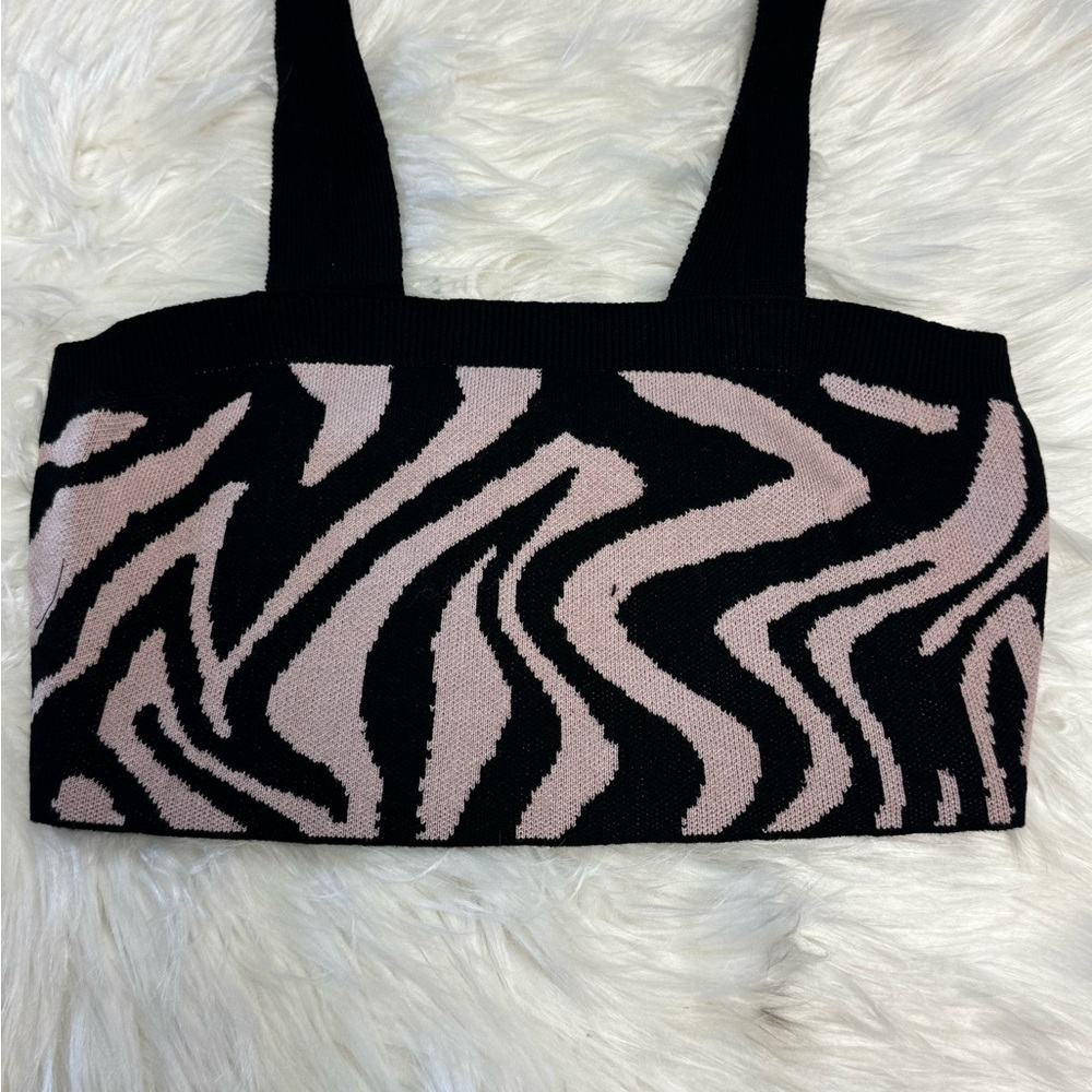 Zebra Knit Crop Top M NWT Black Blush Pink 100% Cotton Tank 525 America - Picture 3 of 7
